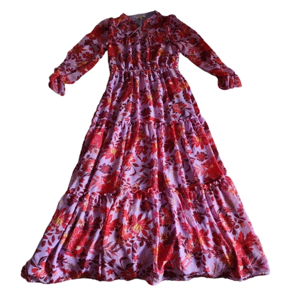 Skies Are Blue XS Semi Sheer Floral Metallic Tiered V-Neck Maxi Dress - Picture 1 of 16